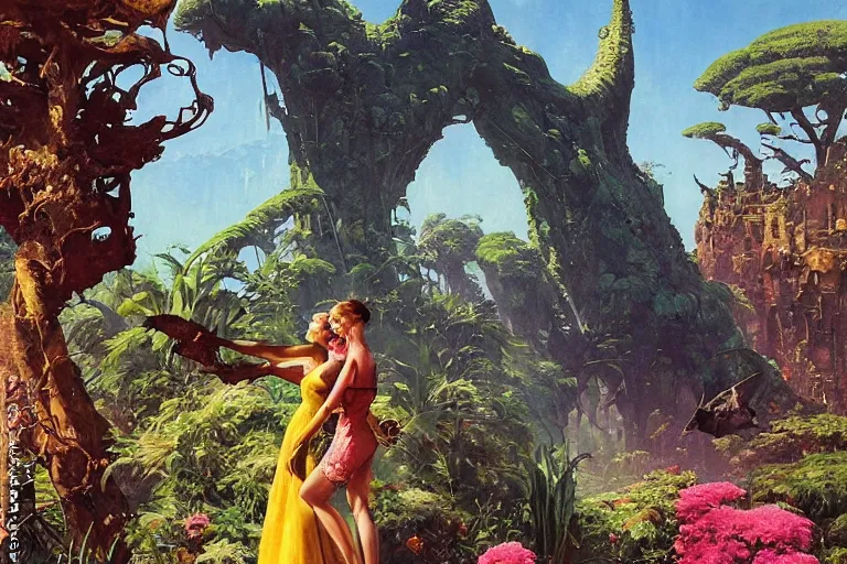 Image similar to pulp scifi illustration, elegant woman meets lizard alien in beautiful garden, flowers, baobab trees, distant town in valley and hills, spacehip lands, by norman rockwell, jack kirby, john berkey, bergey, craig mullins, ruan jia, raymond swanland, jeremy mann, beksinski, tom lovell, alex malveda, schomburg