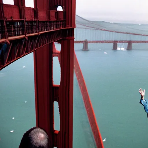 Prompt: national geographic photo of Bill Clinton bungie jumping off golden gate Bridge