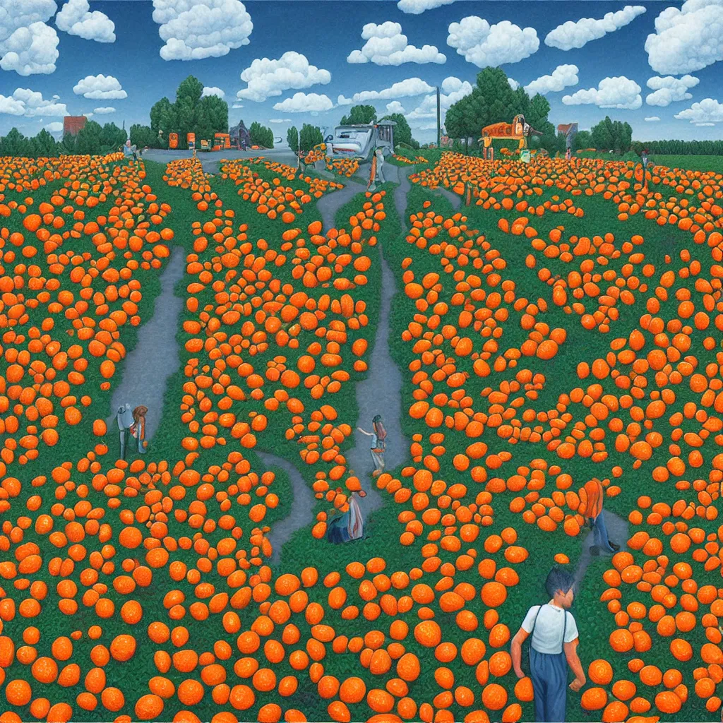 Image similar to a orange strawberry field seen by far in a car riding by, by Rob Gonsalves