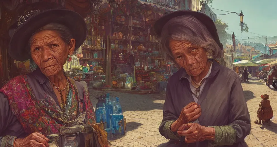 Image similar to highly detailed portrait old woman guatemala vendor in gta v, street market, happy ambience, stephen bliss, unreal engine, fantasy art by greg rutkowski, loish, rhads, ferdinand knab, makoto shinkai and lois van baarle, ilya kuvshinov, rossdraws, tom bagshaw, global illumination, detailed and intricate environment