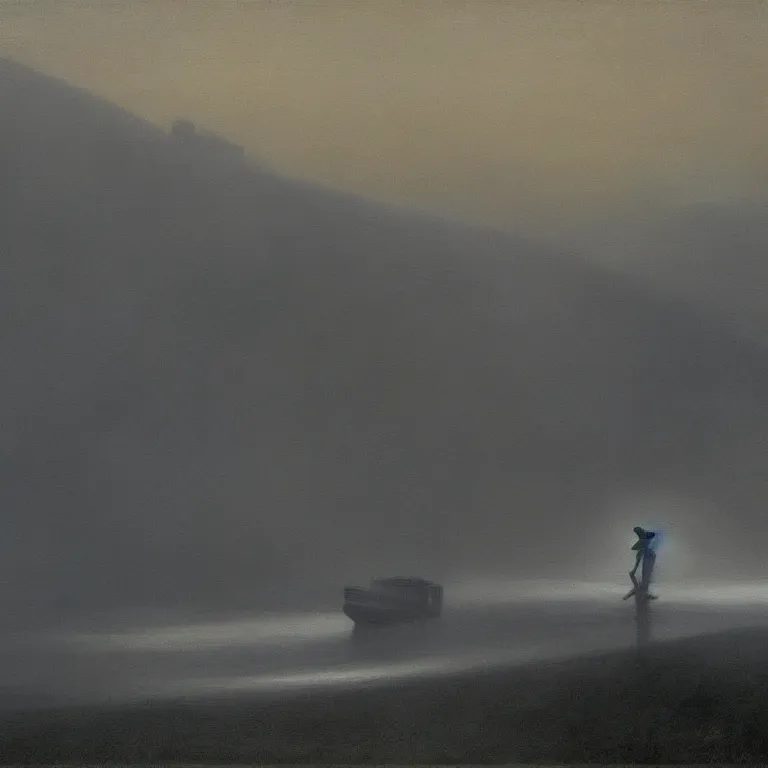 Prompt: skeleton submerged in milk, fog, early morning, , painted by Edward Hopper, painted by Wayne Barlow, airbrush