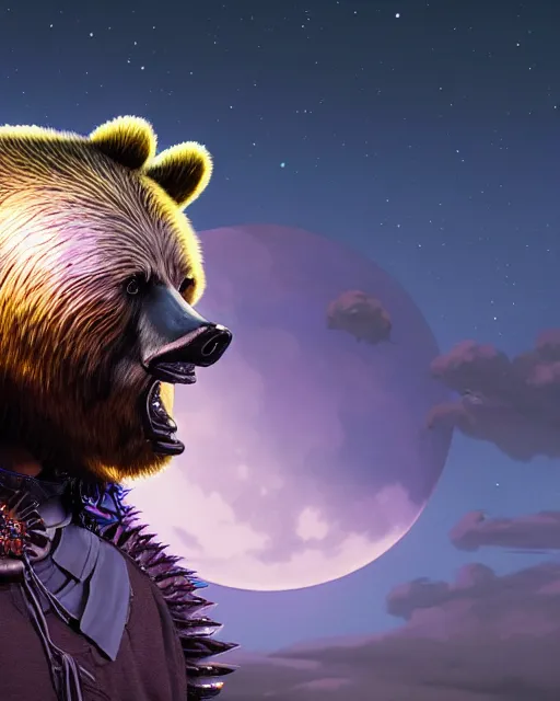 Image similar to highly detailed surreal vfx portrait of a metallic chromatic samurai bear in front of a full moon, stephen bliss, unreal engine, greg rutkowski, loish, rhads, beeple, makoto shinkai and lois van baarle, ilya kuvshinov, rossdraws, tom bagshaw, alphonse mucha, global illumination, detailed and intricate environment