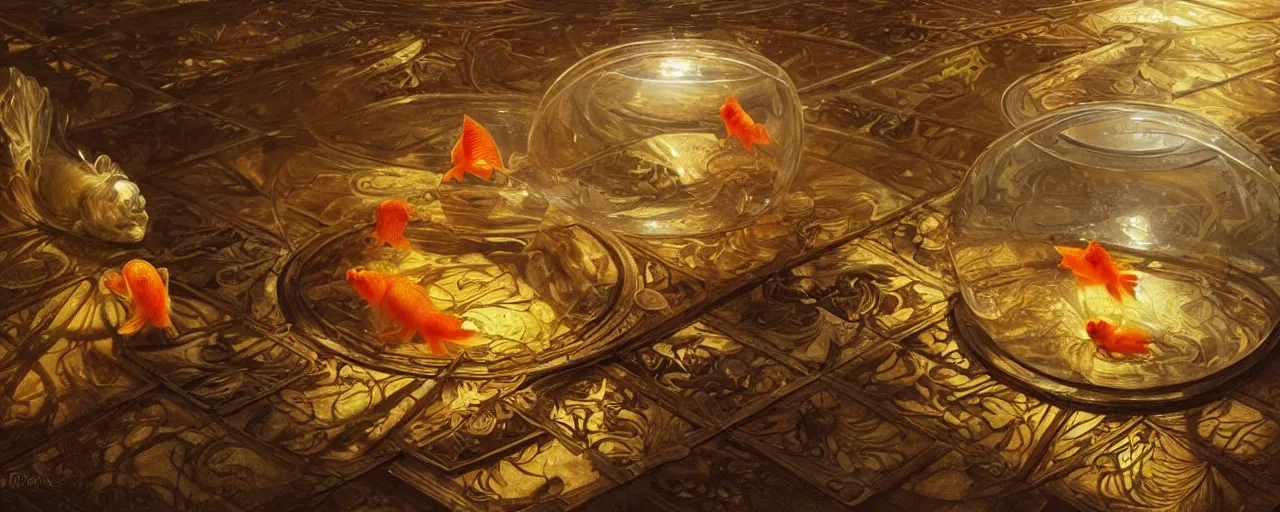 Prompt: on a wooden floor there is a crystal glass with a goldfish swimming inside, close up view, dramatic lighting, DOF, caustics, soft, sharp focus, art nouveau, intricate artwork by Raymond Swanland and Greg Rutkowski