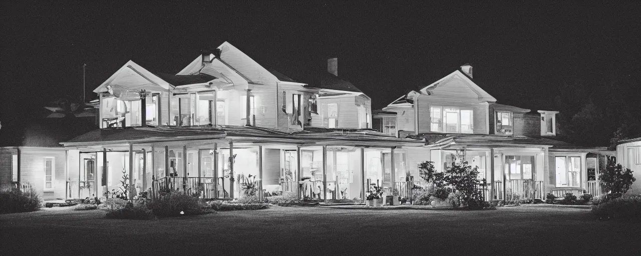 Prompt: a nostalgic photograph of a suburban home at night during summer, by closecore