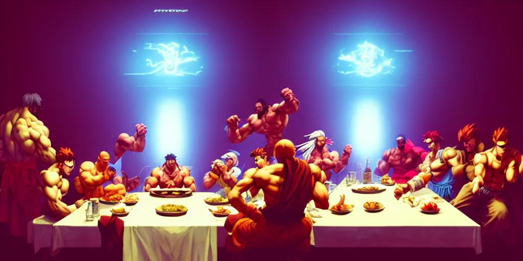 Prompt: street fighter last supper by beeple and greg rutkowski, digital painting, trending on artstation, sharp focus, 4 k