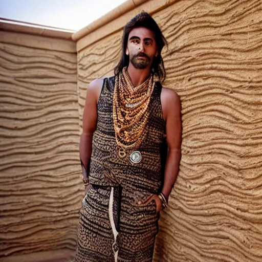 Prompt: serpent man with brown and white scales in an alternating pattern standing in front of sandstone wall decorated with geometric symbols, wearing long, multicolored Arab tunic and loose pants with peaked hood and draping gold chain jewelry over face, fascinated expression, heavy brow ridges, low, flat nose :: warm summer light falling in shafts through the courtyard :: candid portrait by Carvaggio, Barlowe, and Rembrandt