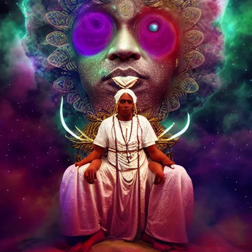 Prompt: obatala the cosmic god sitting on a throne of nebula clouds, by Adi granov and afarin sajedi and amanda sage in a psychedelic portrait style, ultrarealistic matte painting, volumetric lighting, piercing eyes, highly detailed face, orisha, 8k, hd