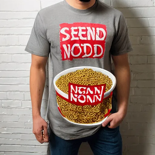 Prompt: a man wearing a funny tshirt with ramen noodles that says send noods