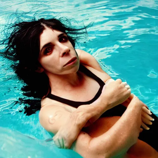 Image similar to pj harvey wearing a swimsuit, swimming underwater, underwater photography, attractive curves, beautiful face, whole body photography, 4 k cinematic photo, hyperrealistic.