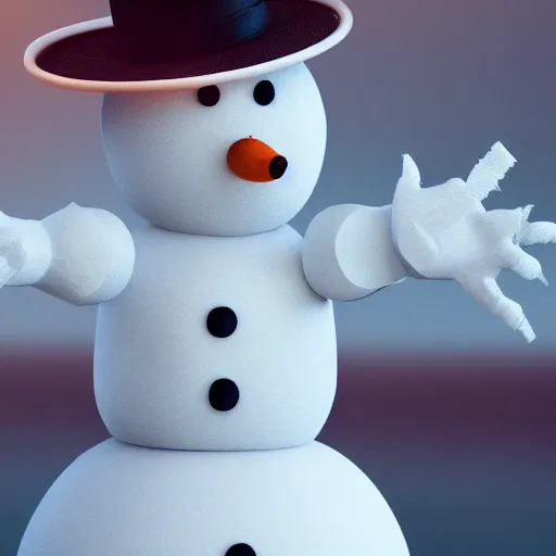 Image similar to a highly detailed humanoid snowman in business suit with black eyes and mouth, no nose, artstation, DeviantArt, professional, octane render, sunset lighting