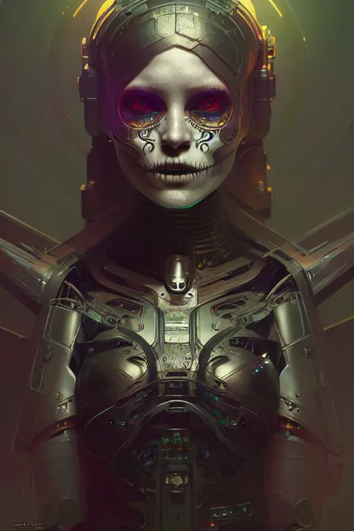 Prompt: ultra detailed Female Android, scifi, fantasy, octane render, (dia de los muertos), asymmetrical, intricate concept art, art by Godmachine and michael welan and DZO and greg rutkowski and alphonse mucha and loish and WLOP