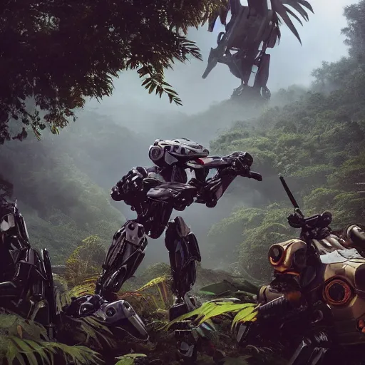 Image similar to Ragtag militia fighting advanced humanoid combat robots in a jungle in 2020, combat photography by Feng Zhu, highly detailed, excellent composition, cinematic concept art, dramatic lighting, trending on ArtStation