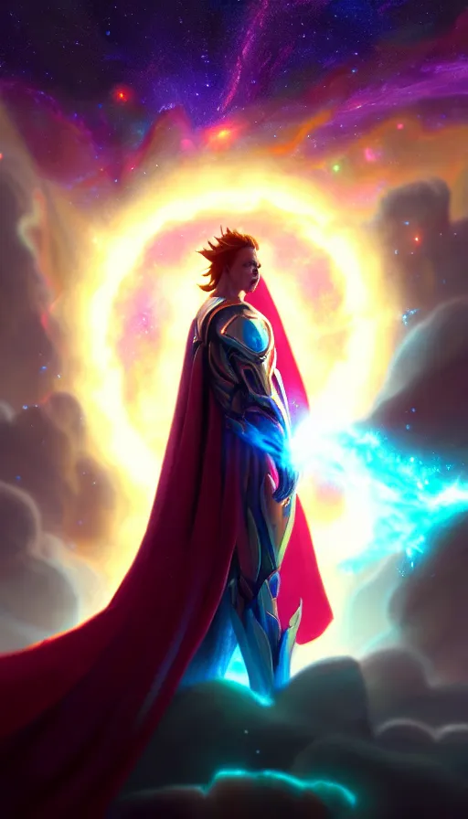 Prompt: celestial god with a cape, epic scene, colors, holy, full body, galaxy, and, stars, atmosphere, unreal engine, pixar, video game, ethereal, insanely, detailed, volumetric, symmetrical, concept art, charlie bowater, unreal engine, artstation, cinematic, video game, digital painting, artist maena