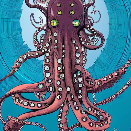 Image similar to robotic Octopus in an airlock, Industrial Scifi, detailed illustration, character portrait, by Martin Grip and Moebius