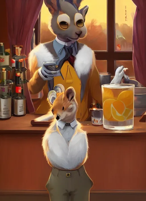 Image similar to squirrel anthro as a dapper bartender with a big, fluffy tail, retro futurism, art deco, detailed, painterly digital art by WLOP and Cory Loftis and John La Farge, 🐿🍸🍋, furaffinity, trending on artstation