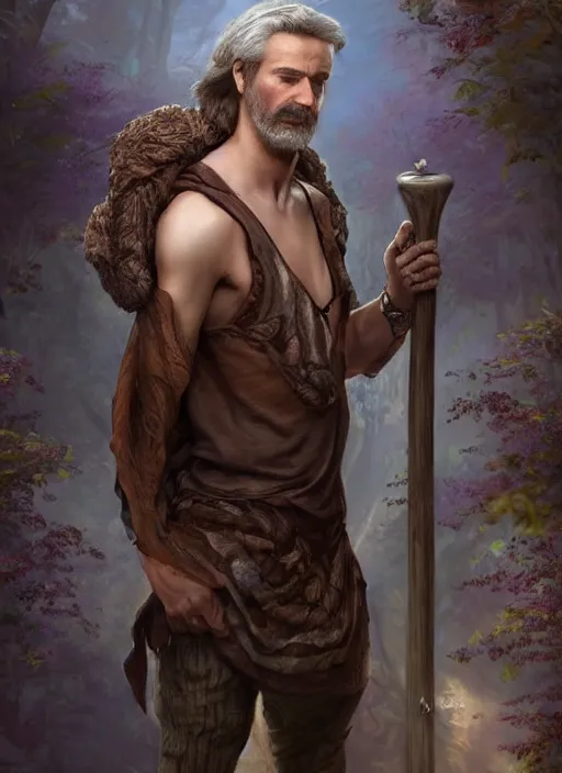 Image similar to a relaxed male middle aged druid in a sleeveless west, brown short hair, strong, full body, 8 k, hyperrealistic, hyperdetailed, fantasy portrait by laura sava