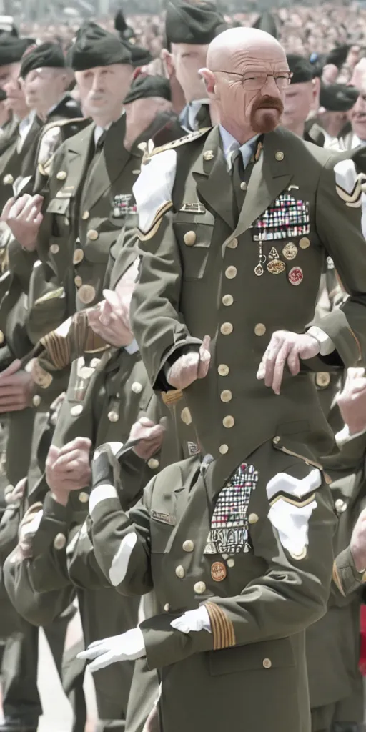 Image similar to A photo of Walter White as the supreme commander of the army standing at a military parade