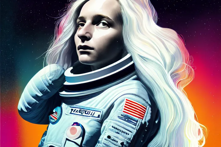 Image similar to editorial illustration by Karolis Strautniekas and Mads Berg , full body portrait of a young astronaut girl with flowing white hair, colorful, fine texture,detailed, muted colors,film noir, dramatic lighting, dynamic composition,moody, vivid, matte print,moody