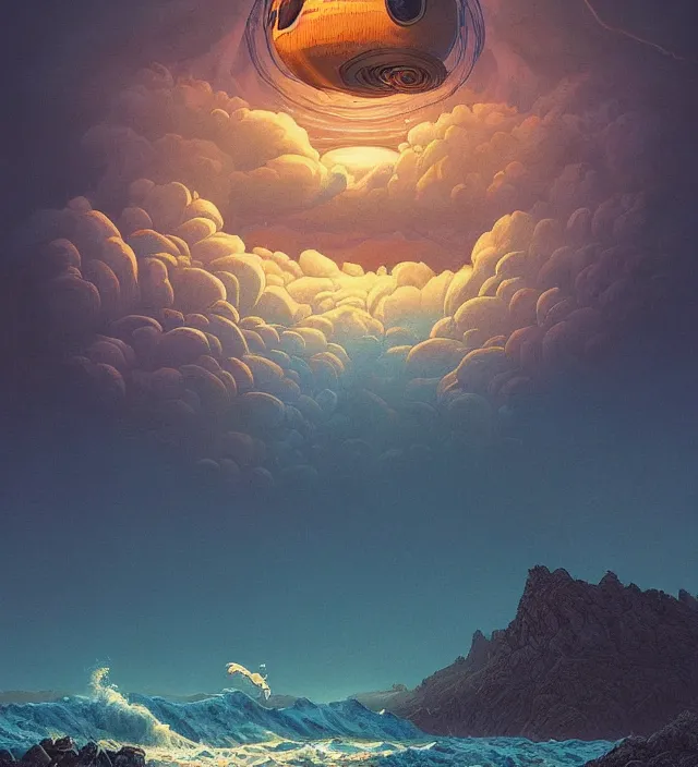Image similar to a giant 🌊 swirling in the sky above a barren 🏜 by ivan shishkin and zacharias aagaard and simon stalenhag and dan mumford and josan gonzalez, surrealism, chiaroscuro, hyper detailed, high saturation, retrowave
