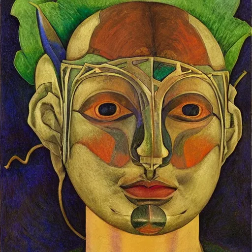 Image similar to head of a beautiful boy wearing a mask made of metal flowers, by diego rivera and john watkiss and annie swynnerton, art deco shaman, stylized flowers, art brut, symbolist, dramatic lighting, god rays, iridescent beetles, clean crisp graphics, smooth sharp focus, extremely detailed