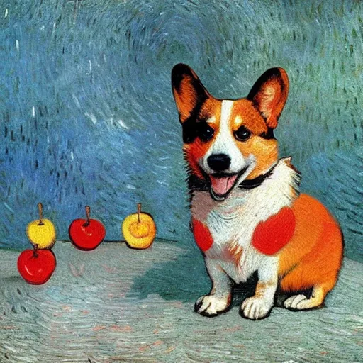 Image similar to corgi with an apple on its head, 4 k, by van gogh, realistic, high detail, concept art