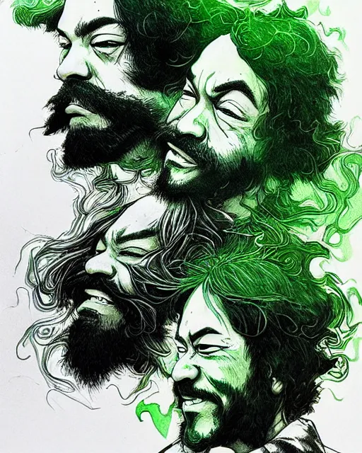 Image similar to portrait of cheech and chong, concept art, sumi - e style, intricate linework, green smoke, artstation, trending, highly detailed, smooth, focus, art by yoji shinkawa,