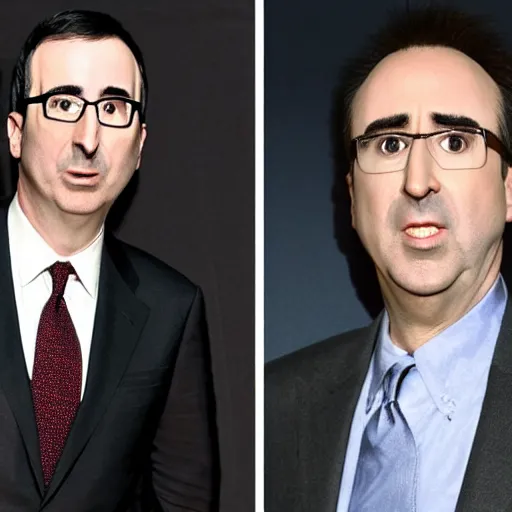 Image similar to john oliver and nicolas cage as siamese twins