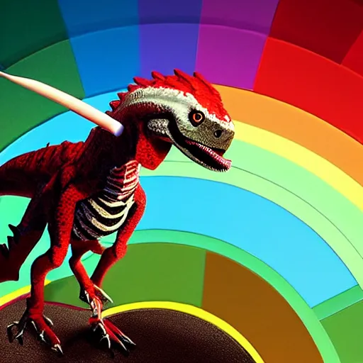 Prompt: morgan freeman riding a velociraptor on a rainbow, wielding a candy cane spear, both wearing a viking hat, unreal engine, realistic, detailed
