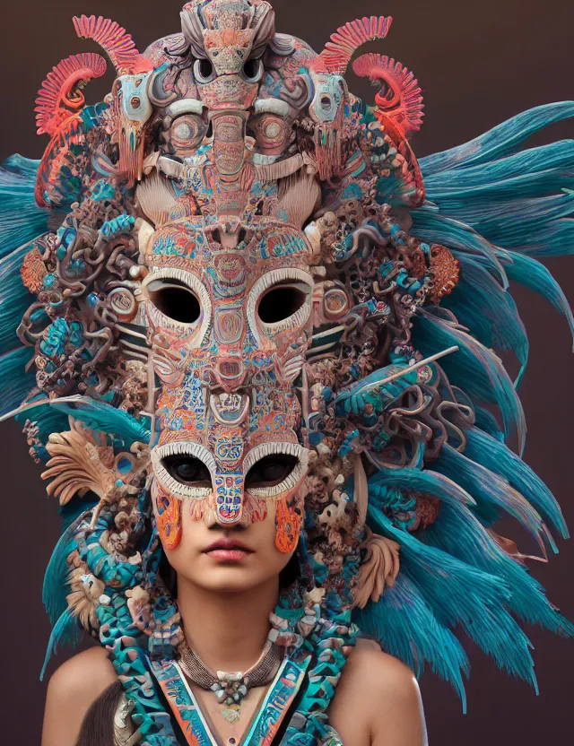 Image similar to 3 d goddess close - up profile portrait aztec with ram skull. beautiful intricately detailed japanese crow kitsune mask and clasical japanese kimono. betta fish, jellyfish phoenix, bio luminescent, plasma, ice, water, wind, creature, artwork by tooth wu and wlop and beeple and greg rutkowski