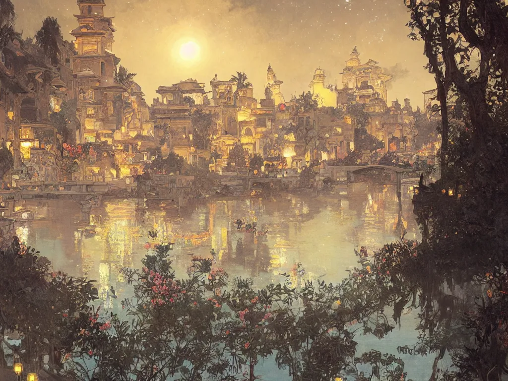 Image similar to a beautiful painting of the view from the river of the lantern festival in a an ancient egyptian city, at night with a sky full of stars, intricate, elegant, highly detailed, digital painting, artstation, concept art, by krenz cushart and artem demura and alphonse mucha