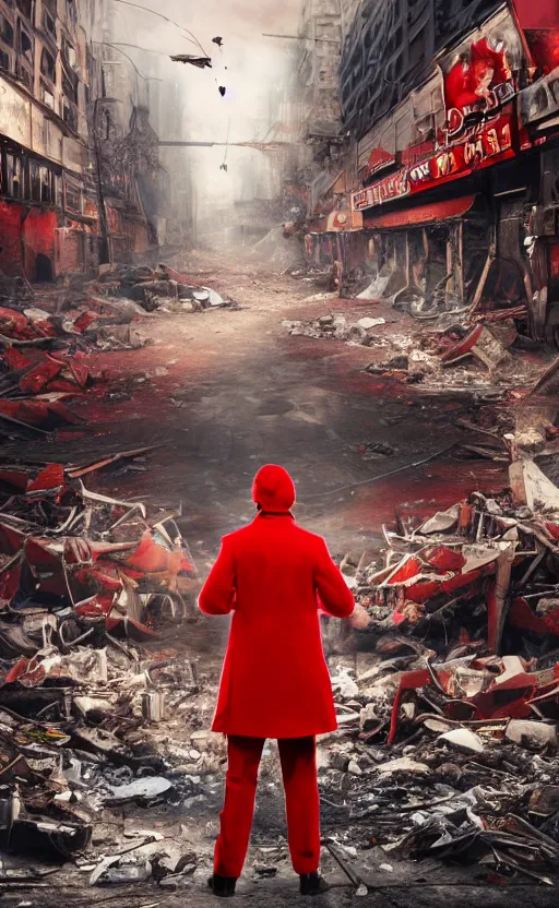 Prompt: cinematic scene of a comedian in red coat performing comedy show on dead bodies in streets of an apocalyptic metropolis destroyed after war, fantasy art, dramatic lighting, insane details