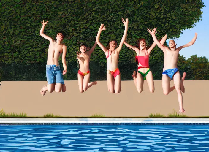 Prompt: photorealistic painting of a group of teens in the moment of jumping into a pool, digital art, subtle painting, subtle hues, some edges lost