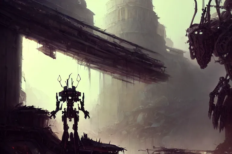 Prompt: a mech standing in a ruined city, fantasy, intricate, elegant, dramatic lighting, highly detailed, lifelike, photorealistic, digital painting, artstation, concept art, smooth, sharp focus, illustration