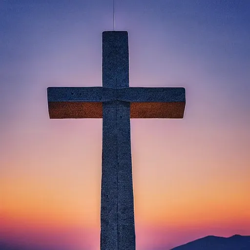 Image similar to millennium cross at sunset in skopje, glowing cross with a halo, twilight and nighttime composition, photograph, atmospheric, perfect lighting, highly detailed