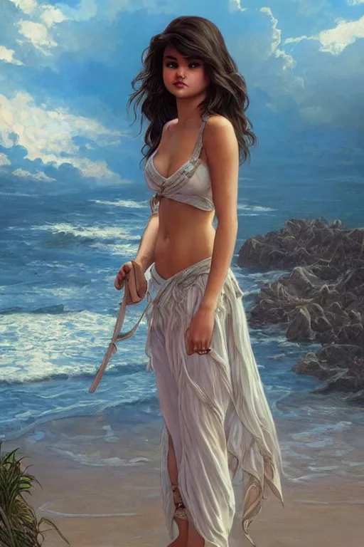 Image similar to beautiful cottagecore selena gomez!!, standing in front of a beach, intricate, stunning, highly detailed, digital painting, artstation, concept art, smooth, sharp, focus, illustration, art by artgerm and greg rutkowski and alphonse mucha