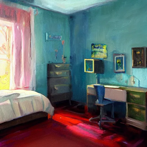 Prompt: a 2 0 0 0 s teen bedroom, oil painting, pale colors, high detail, 8 k, wide angle, trending on artstation,