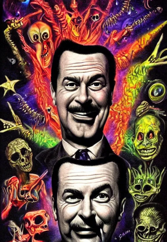 Image similar to one famous person, subgenius, x - day, aliens, weird stuff, occult stuff, devil stuff, less detail, colorful, stained paper, hyperrealism, stage lighting