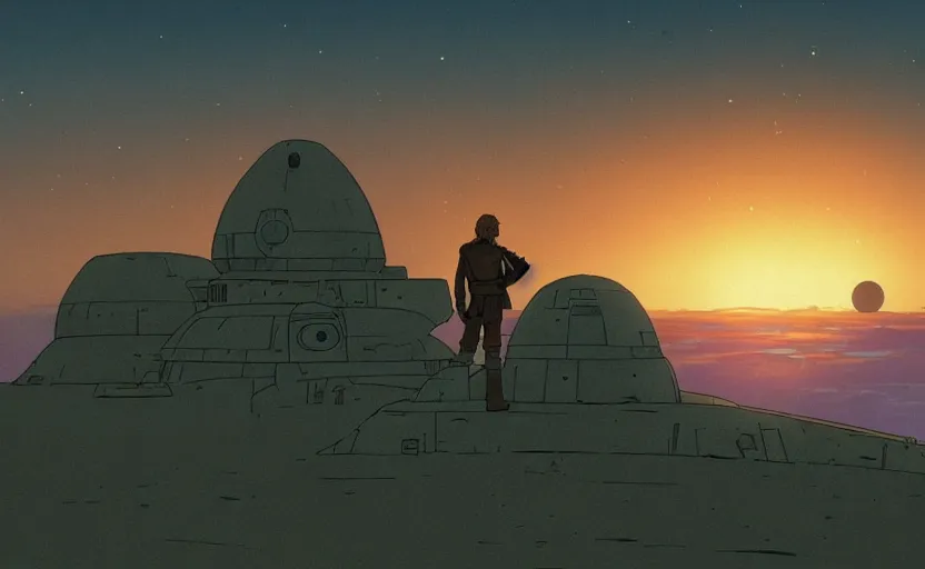 Image similar to luke skywalker looking at tatooine two suns sunset by ghibli