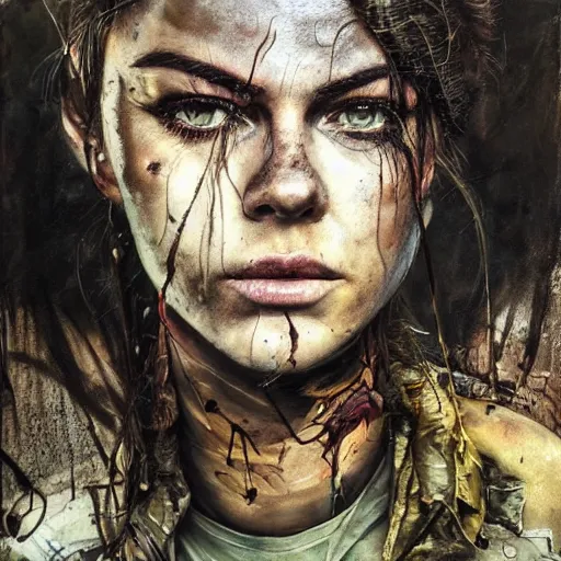 Prompt: serinda swan as an apocalyptic wasteland wanderer, steelpunk, abandoned steelworks, grime and grunge, in the style of adrian ghenie, esao andrews, jenny saville,, surrealism, dark art by james jean, takato yamamoto, kodak ektar