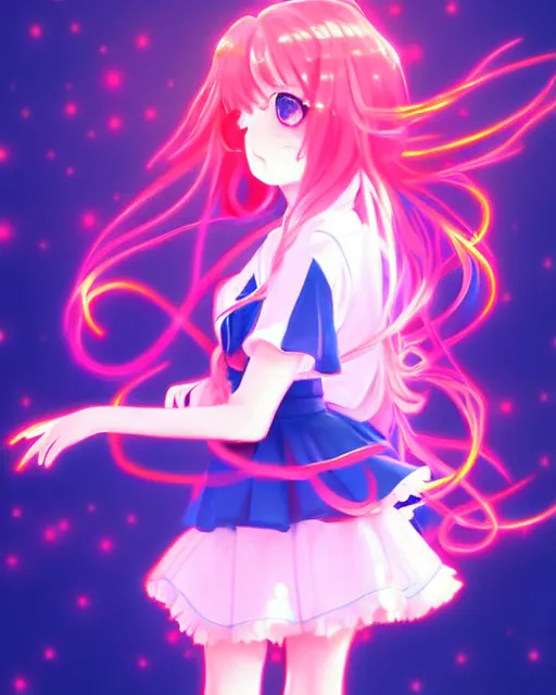 Image similar to anime style, vivid, expressive, full body, 4 k, painting, a cute magical girl with a long wavy hair wearing a sailor outfit, correct proportions, stunning, realistic light and shadow effects, neon lights, studio ghibly makoto shinkai yuji yamaguchi