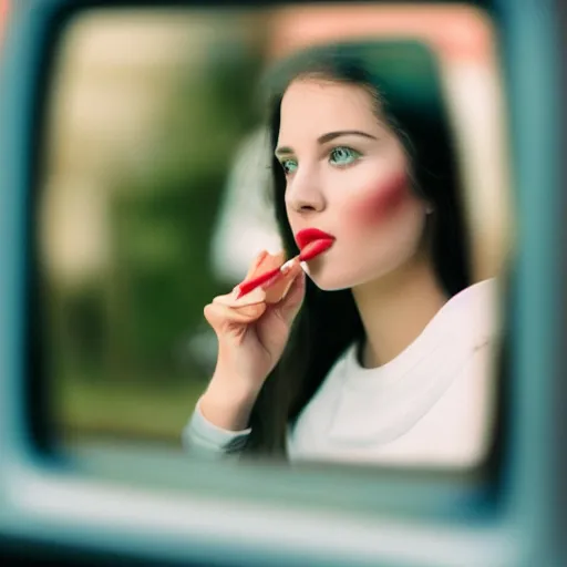 Prompt: a close - up of young woman looking in rear view mirror doing makeup, applying lipstick illuminated by a soft, ethereal light. k 4, kodak portra 4 0 0