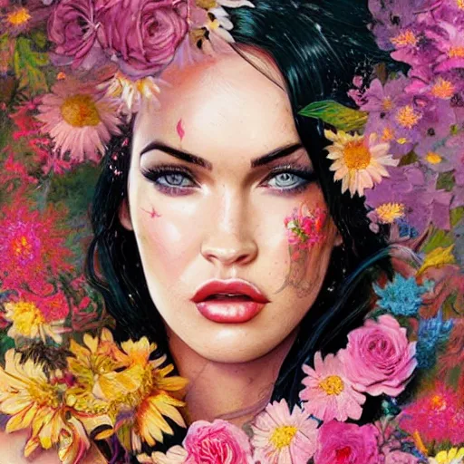 Image similar to painting of megan fox dressed with flowers, illustration, artistic, colorful, hyper detailed, in the style of Greg Rutkowski