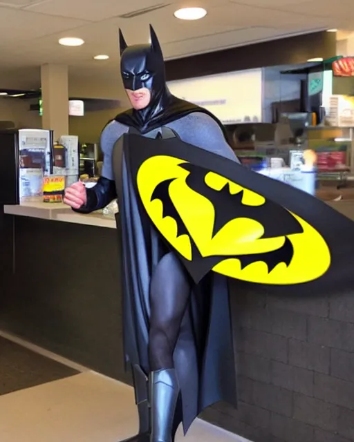 Prompt: batman working at mcdonalds, shaky cell phone video, cdx