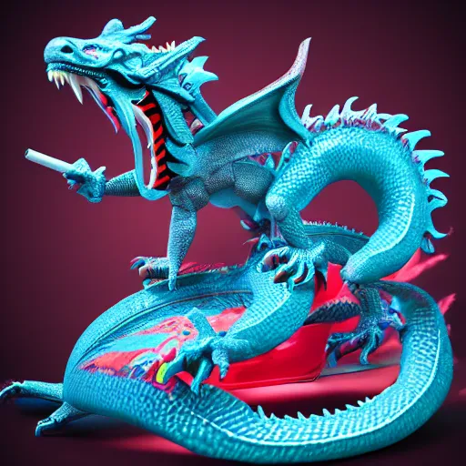 Prompt: 3 d toy chinese bestiary dragon as funco toy smoking dmt, war cry, plastic, sss, octane 4 k render, studio lighting, artstation, cyan photographic backdrop, 1 0 5 mm, f 2. 8 aperture