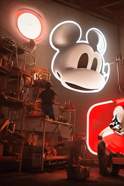 Image similar to workers / mechanic working on mickey mouse giant head, big red glowing netflix logo in behind wall, low cinematic lighting, front lit, beeple, cgsociety, unreal engine, octane render, trending on art station, highly detailed 4 k art, intricate, hyperr realistic