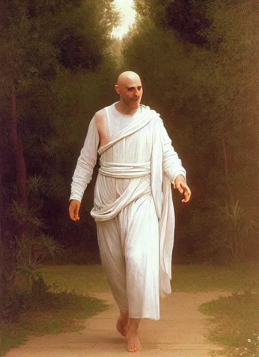 Image similar to oil painting portrait of a tonsured dominican monk in a white habit, striding dancing through a flourishing garden at sunset with a monastery in the background, hazy, digital art, chiaroscuro, artstation, cinematic, golden hour, digital art painting by greg rutkowski, william - adolphe bouguereau, hazy atmosphere, flowers, cinematic lighting