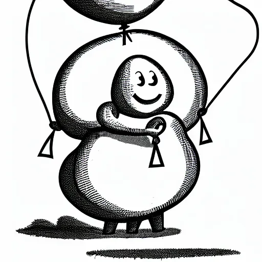 Image similar to book illustration of a balloon character holding a inflated human by a string, book illustration, monochromatic, white background, black and white image