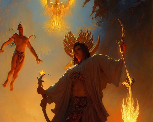 Image similar to attractive male deity, casting demonic magic, summoning handsome lucifer morning star. highly detailed painting by gaston bussiere, craig mullins, j. c. leyendecker 8 k