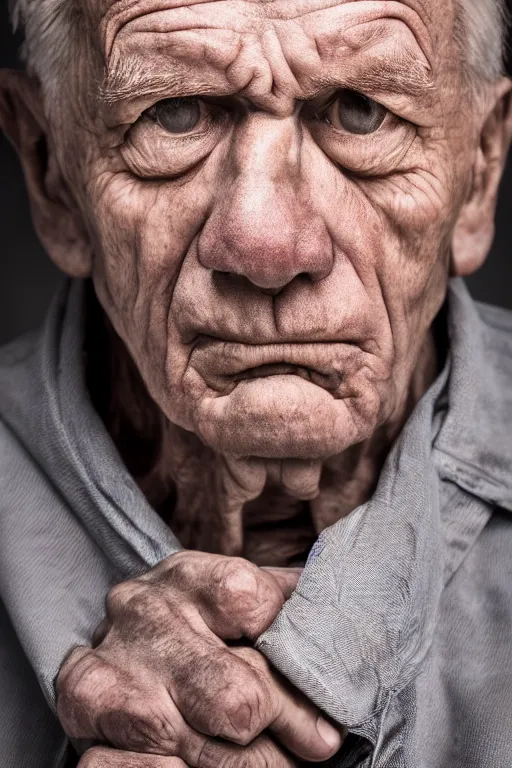 Prompt: a scowling old man, fine - art photography, portrait, award - winning photo, 4 k, 8 k, studio lighting, nikon d 6, 3 5 mm