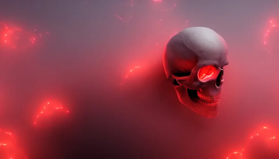 Image similar to Photorealistic Skull covered in thin red strings Surrounded by thick fog and clouds that glow from lights in the distance, volumetric lighting, haze, atmosphere, magical lighting, digital art, wallpaper, octane, redshift